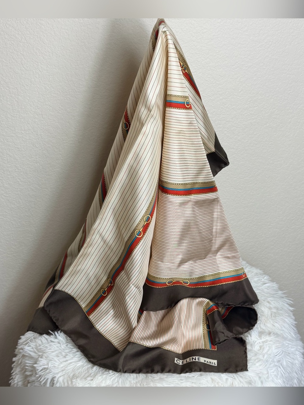Celine Cream Horse Bit Silk Scarf with Red and Blue Stripe & Brown Border - Picture 6 of 9